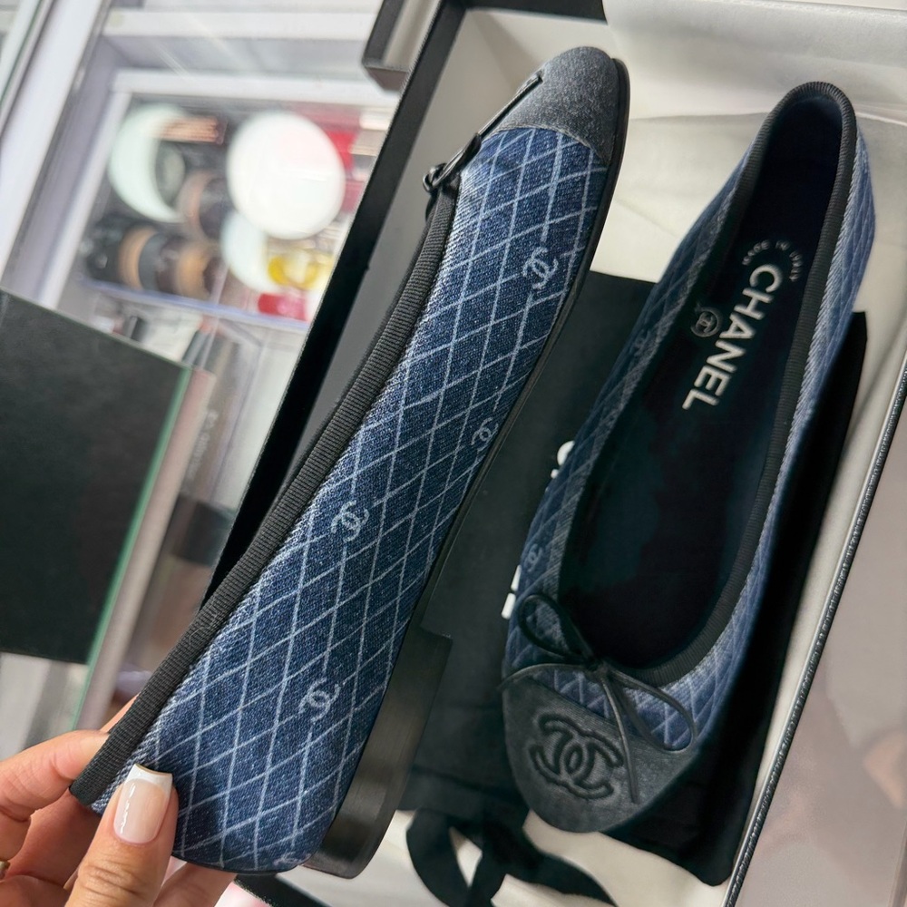 CHANEL Quilted Blue and Black Flats